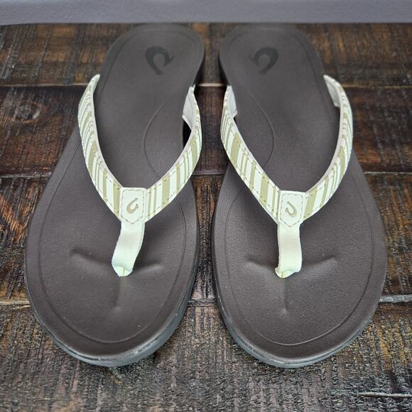 NEW Olukai Ho'Opio Womens Size 6 Sandals Flip Flop Thong Flats Striped White - Picture 2 of 11